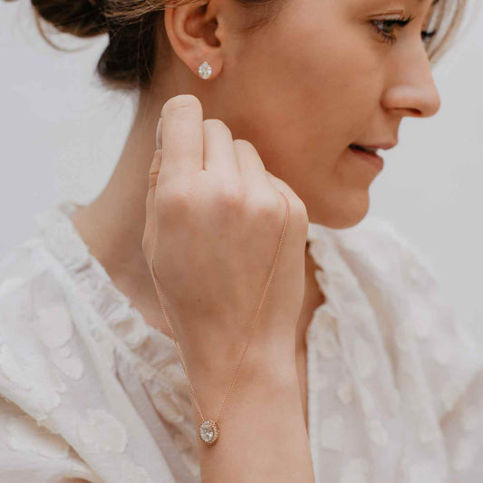 The Carrie Pendant | 1.25ct D-E VVS1 Oval Cut Halo 18k Rose Gold